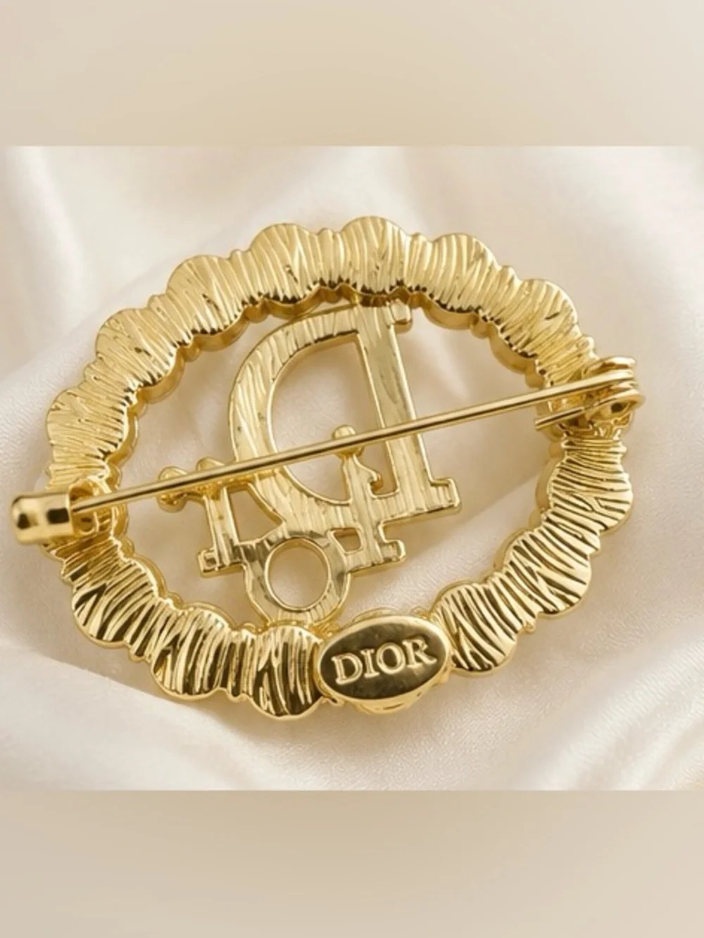Gold Tone Rhinestone Logo Style Statement Brooch Pin